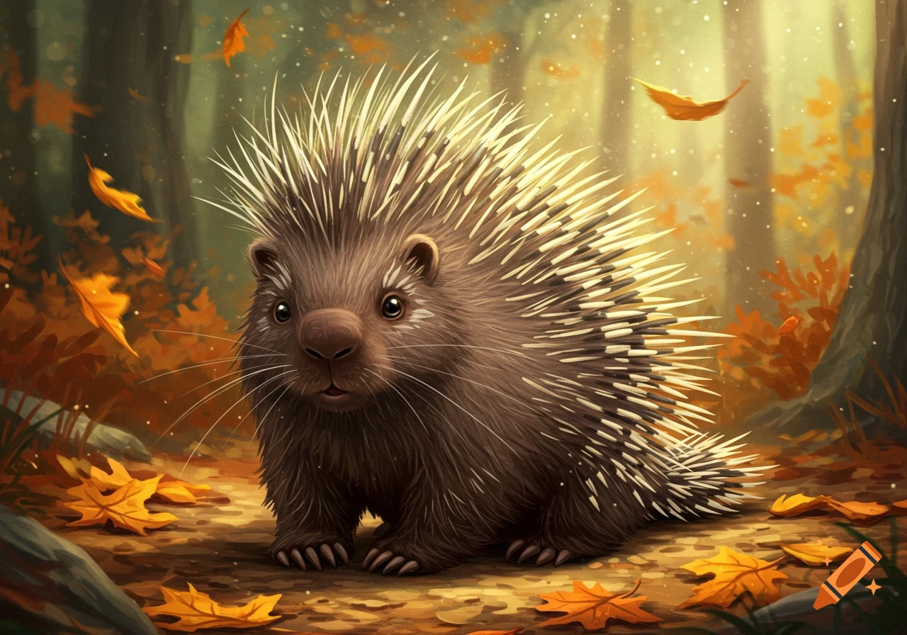 A cute, stylized illustration of a porcupine sitting on a forest floor surrounded by autumn leaves.