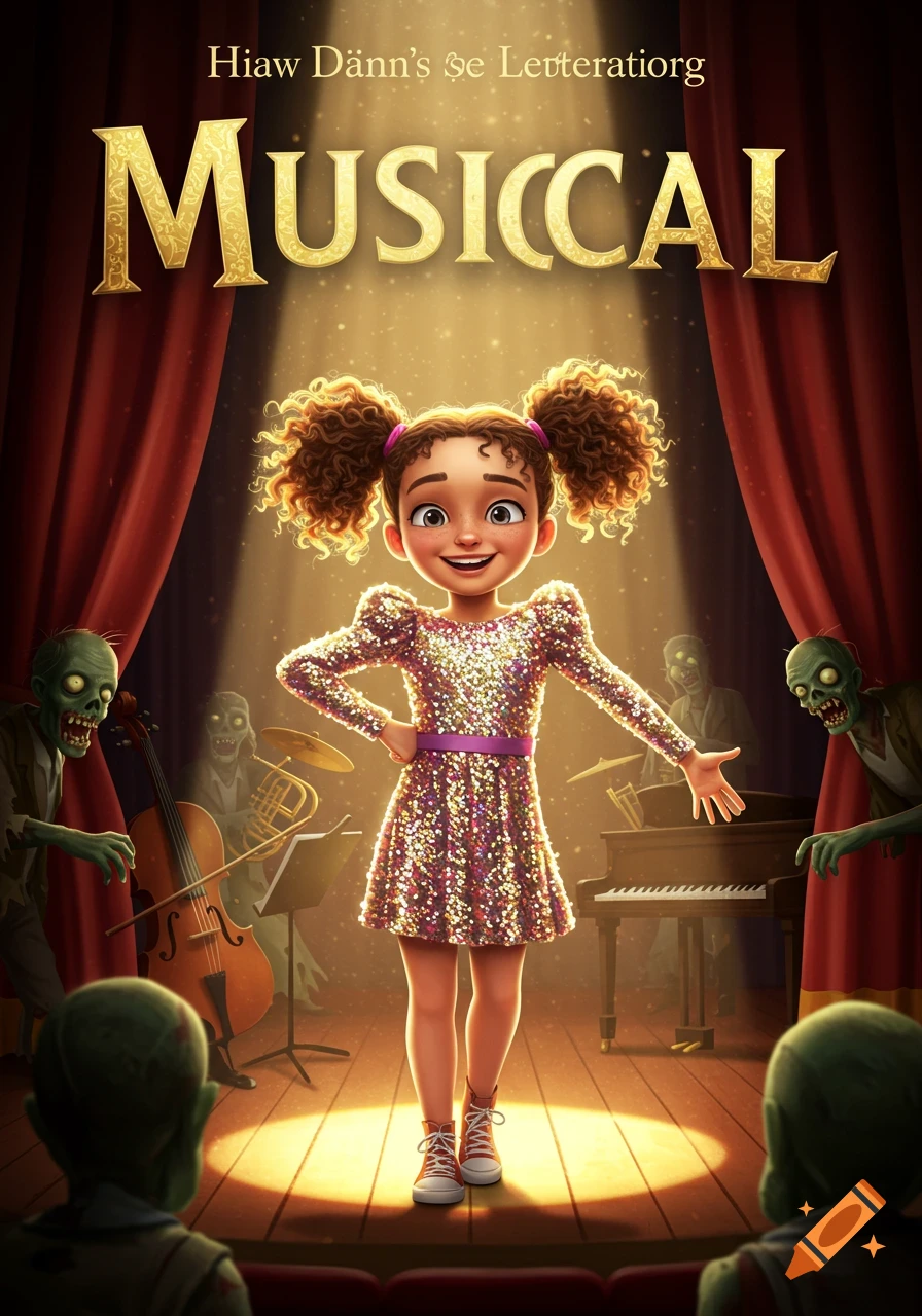 A cartoon girl in a sparkly dress stands on a stage with a spotlight, surrounded by musical instruments and green zombies. The title "MUSICAL" is at the top.