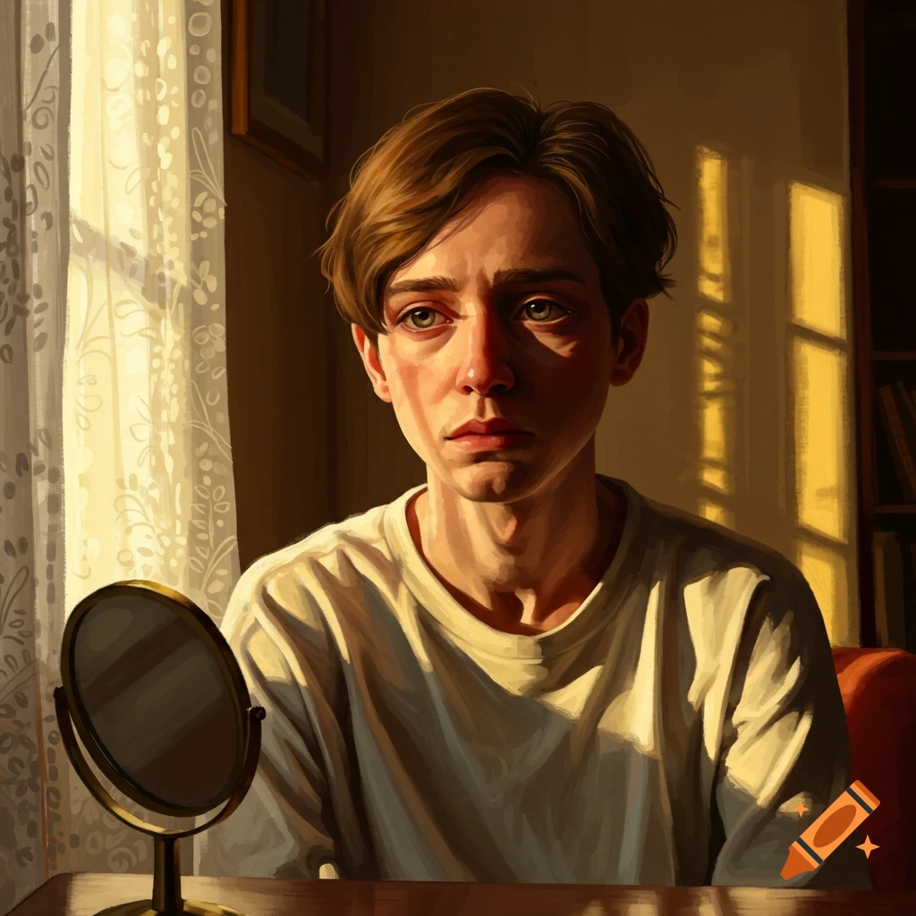 A young person with a sad expression sits indoors, bathed in warm light from a window, with a small mirror on the table.