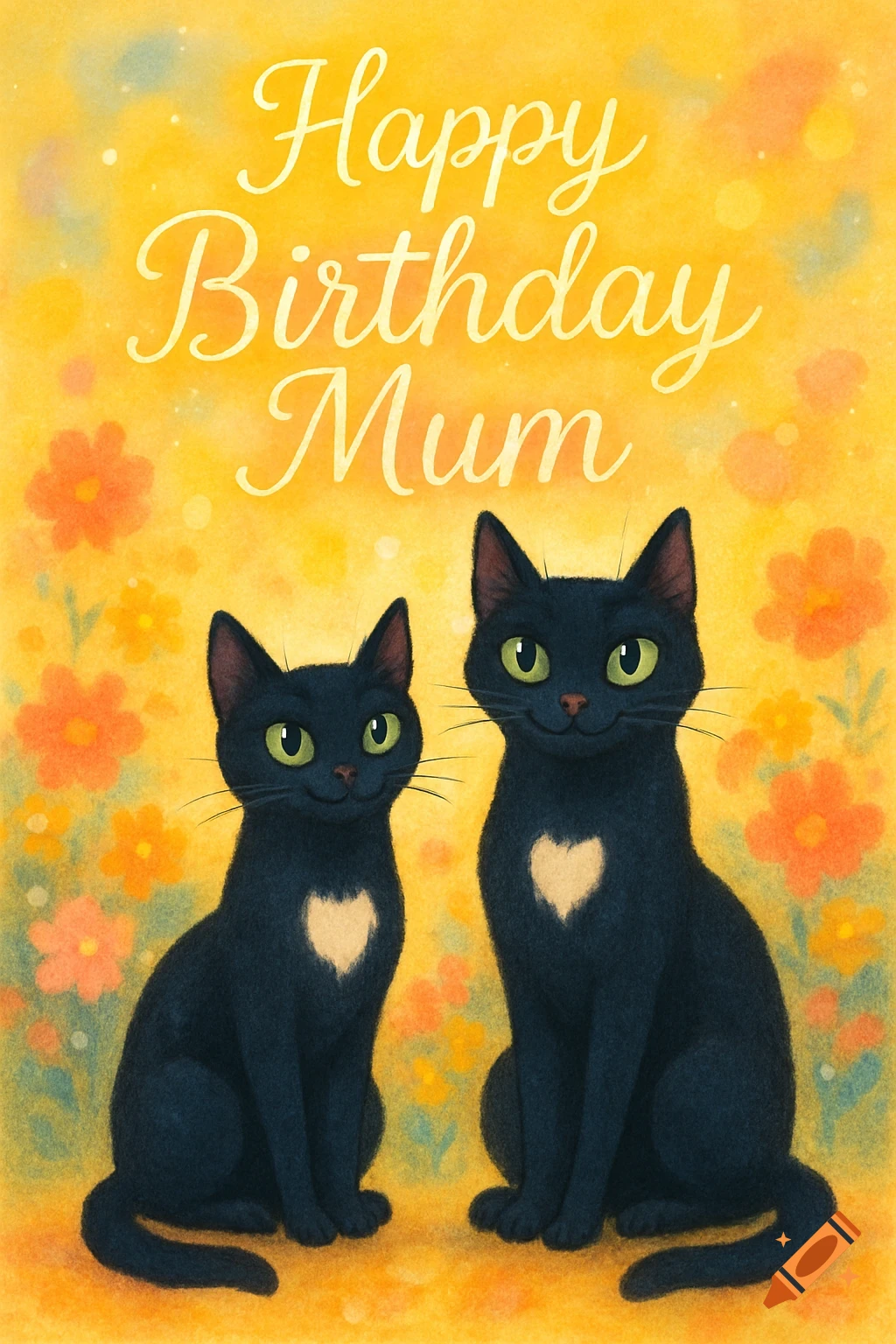 Watercolor illustration of two black cats with white heart chests on a yellow floral background, with 'Happy Birthday Mum' text.