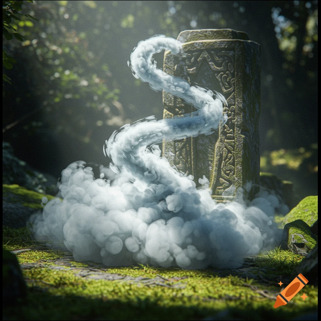 Swirling white smoke rises from a mossy ancient stone pillar in a lush, sun-dappled forest, in a photorealistic style.