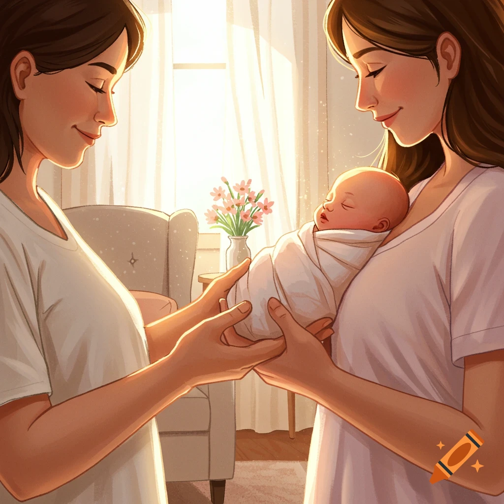 Two women in a sunlit room admiring a swaddled newborn baby, warm illustration style.