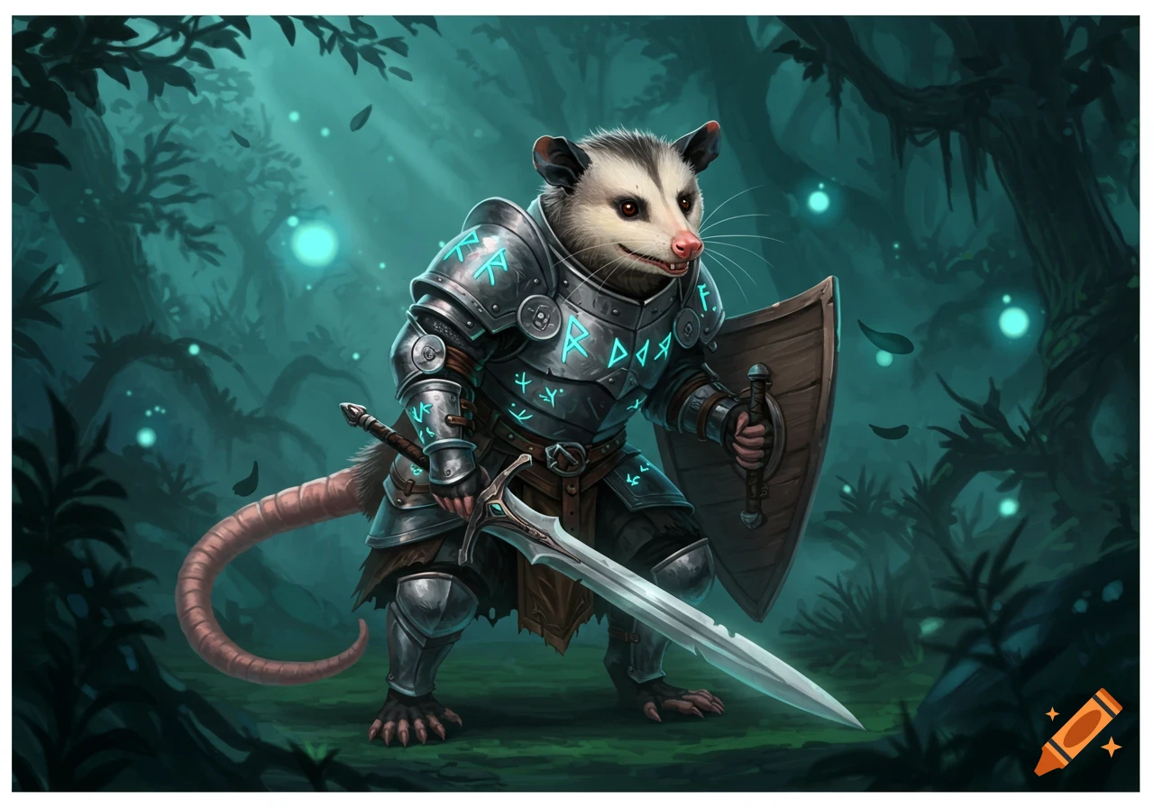 An opossum paladin in glowing armor stands in a mystical forest, holding a sword and shield.