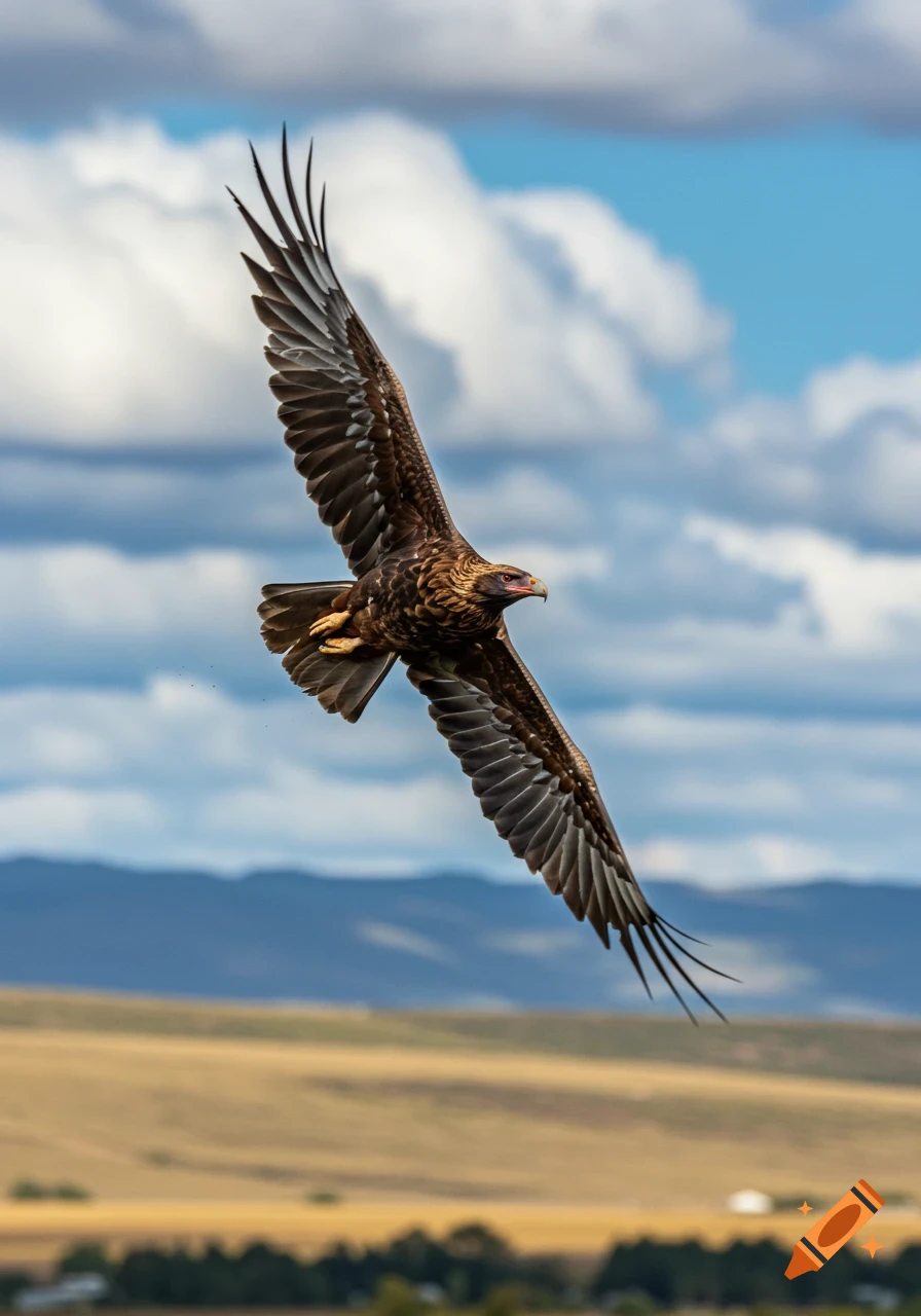 A wedge-tailed eagle with outstretched wings soars against a blue sky with white clouds over a golden landscape.