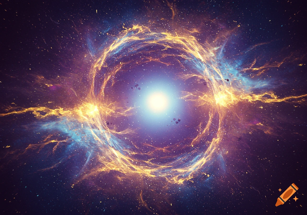 A vibrant abstract space scene with a bright central light, encircled by swirling golden and blue-purple nebulous energy, against a starry dark background.