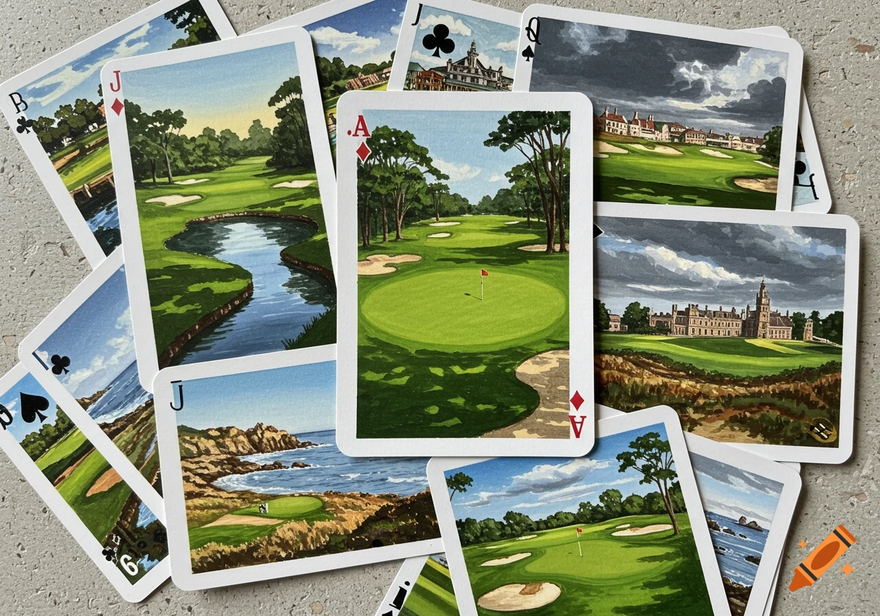 An overhead view of multiple playing cards, each featuring a unique painted illustration of a golf course scene. Ranks like Ace, Jack, and Queen are visible.