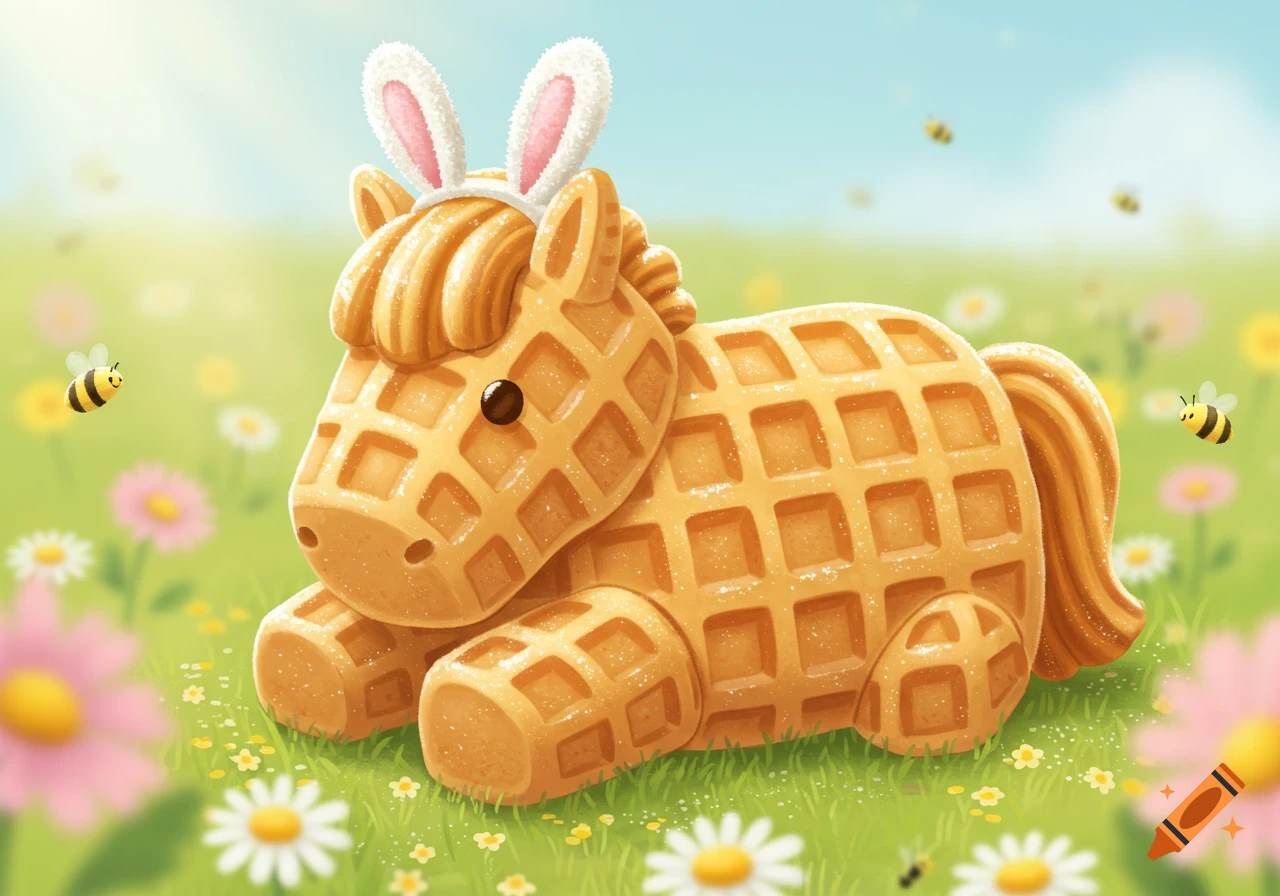 A cute cartoon horse made of waffles, wearing bunny ears, lies in a sunny green field with flowers and bees.