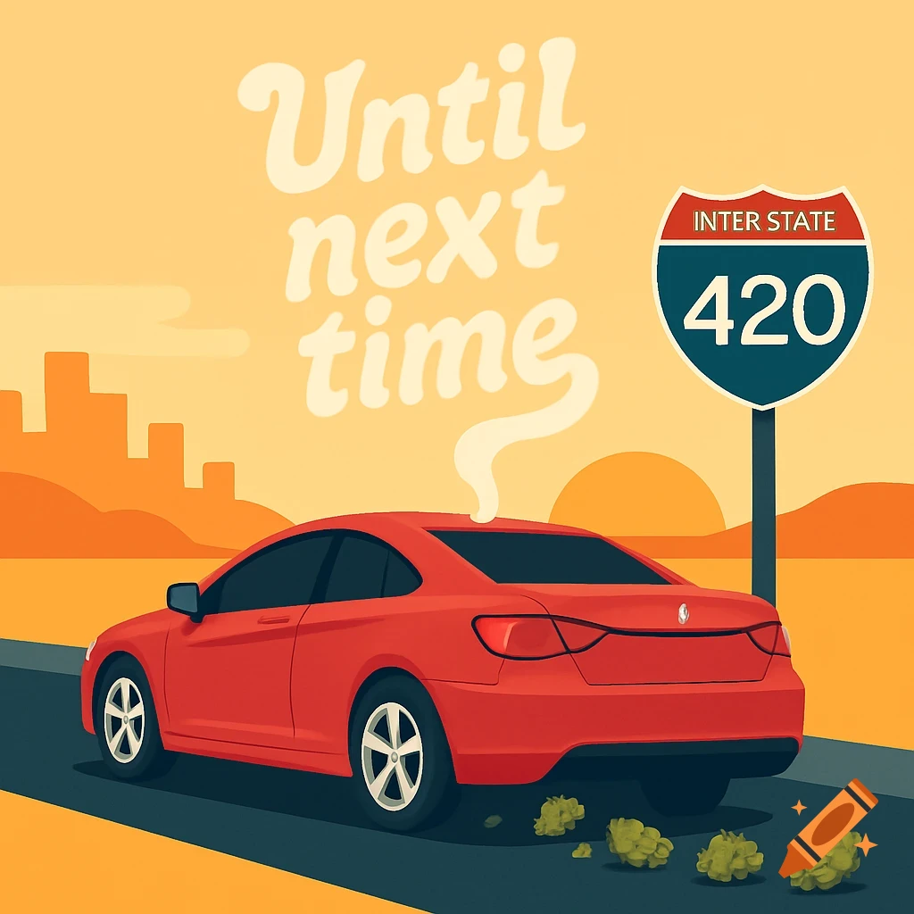 A stylized illustration of a red car driving towards a sunset on a highway with an "INTER STATE 420" sign, leaving a trail of weed nugs. Smoke from the car forms the text "Until next time."