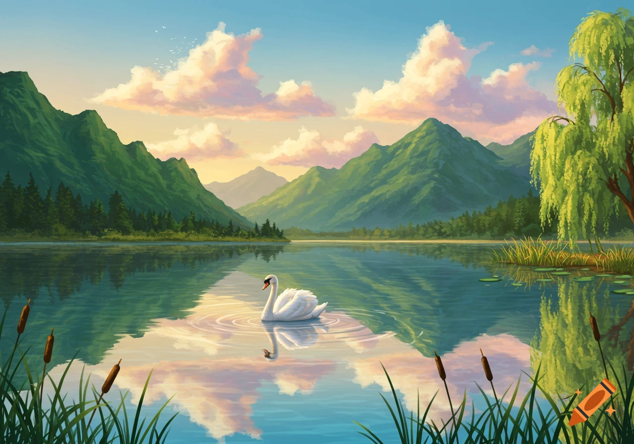 A white swan glides on a calm lake reflecting mountains and clouds, surrounded by green trees and reeds.