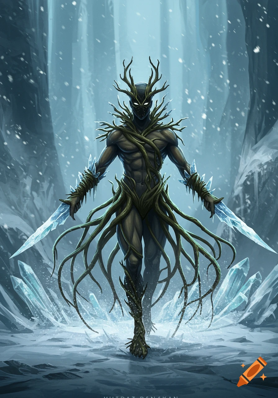 A humanoid winter creature made of roots with antlers and glowing eyes, holding ice blades in a snowy forest.