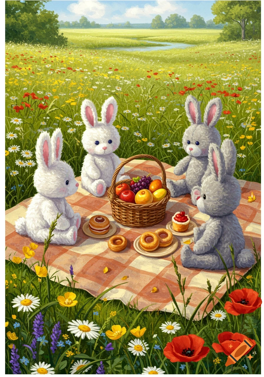 Four soft toy bunnies, two white and two grey, picnic on a checkered blanket in a colorful wildflower meadow with fruit and pastries.