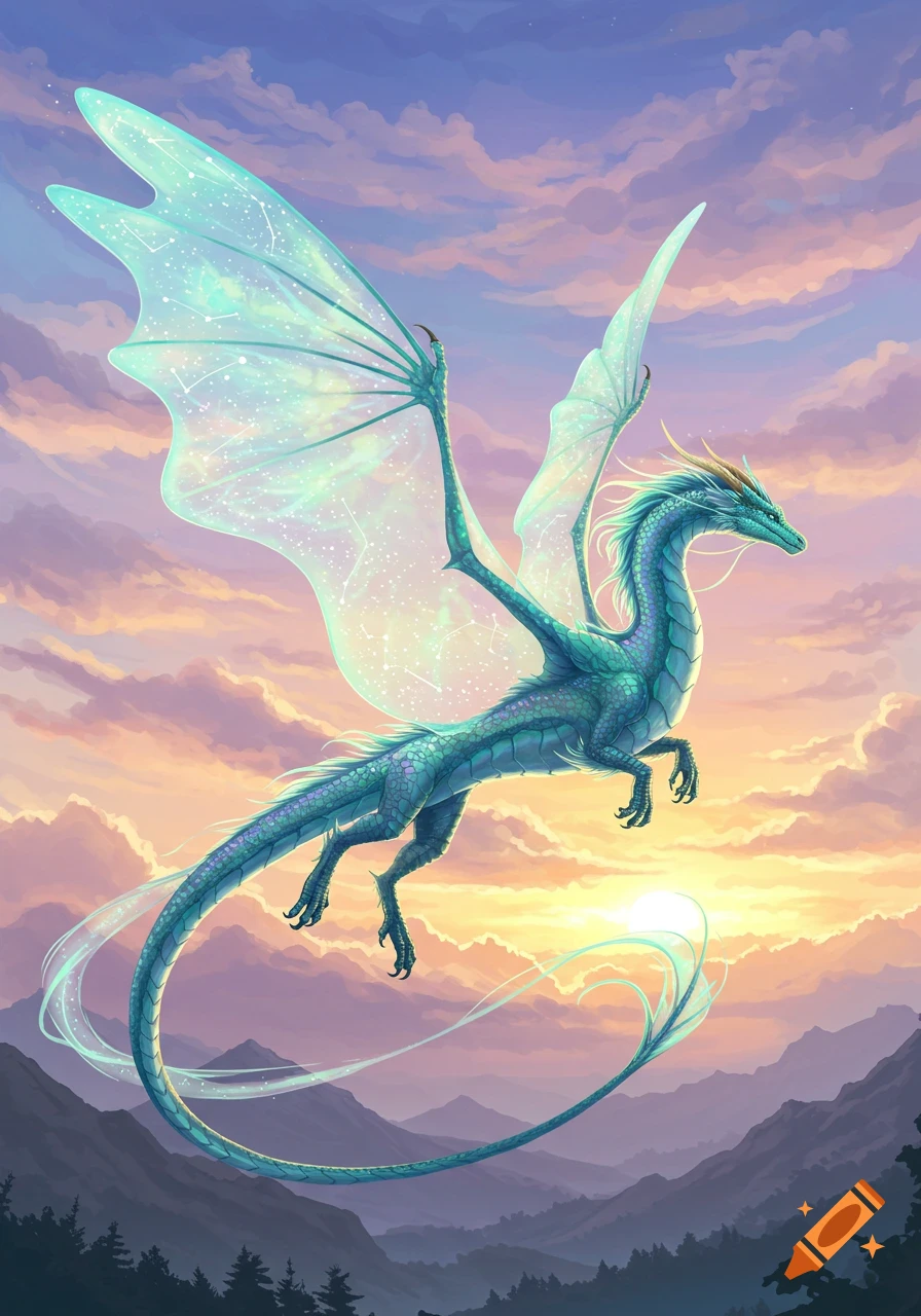 A blue-green dragon with translucent, starry wings flies over a mountain range against a vibrant sunset sky.