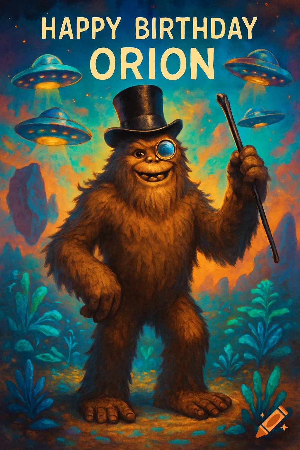 A whimsical, furry Bigfoot-like creature in a top hat and monocle stands in a colorful sci-fi landscape with UFOs. Text reads 'HAPPY BIRTHDAY ORION'.