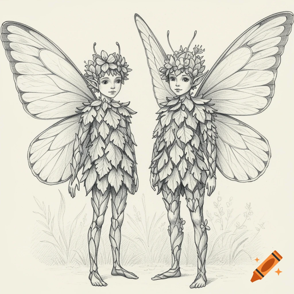 Pencil sketch of two leaf-clad fairy boys with large butterfly wings and flower crowns standing in tall grass.