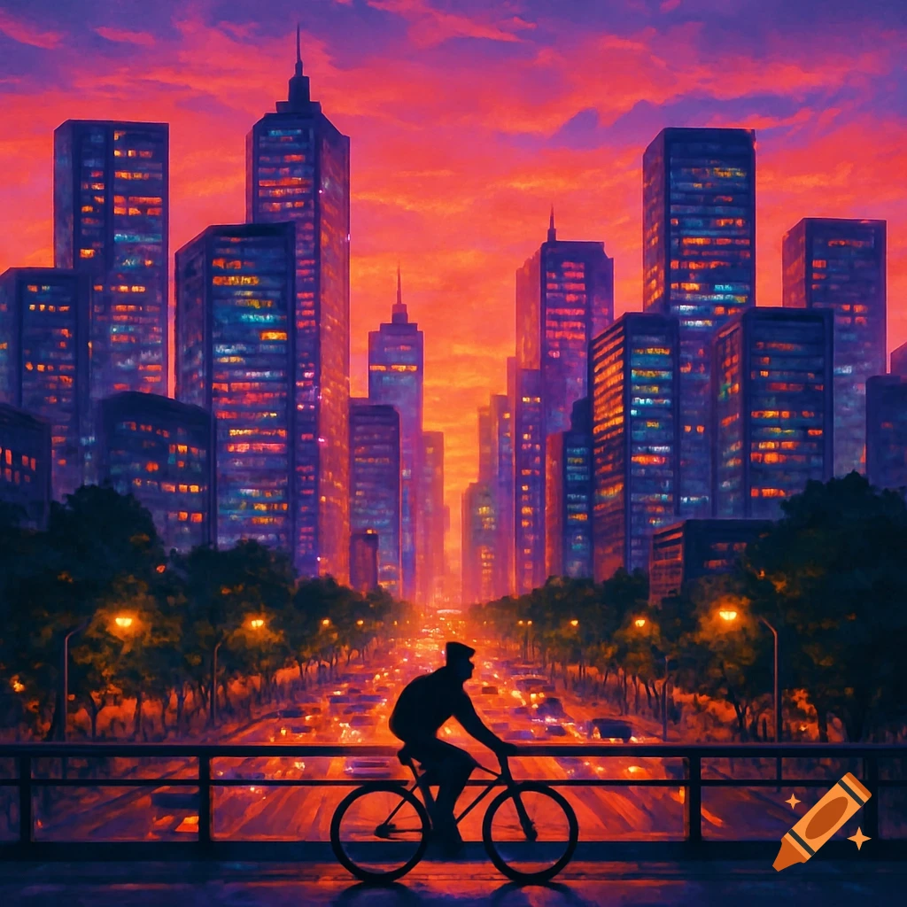 A digital art image of a person on a bicycle on a bridge, silhouetted against a vibrant red and purple city skyline at sunset.