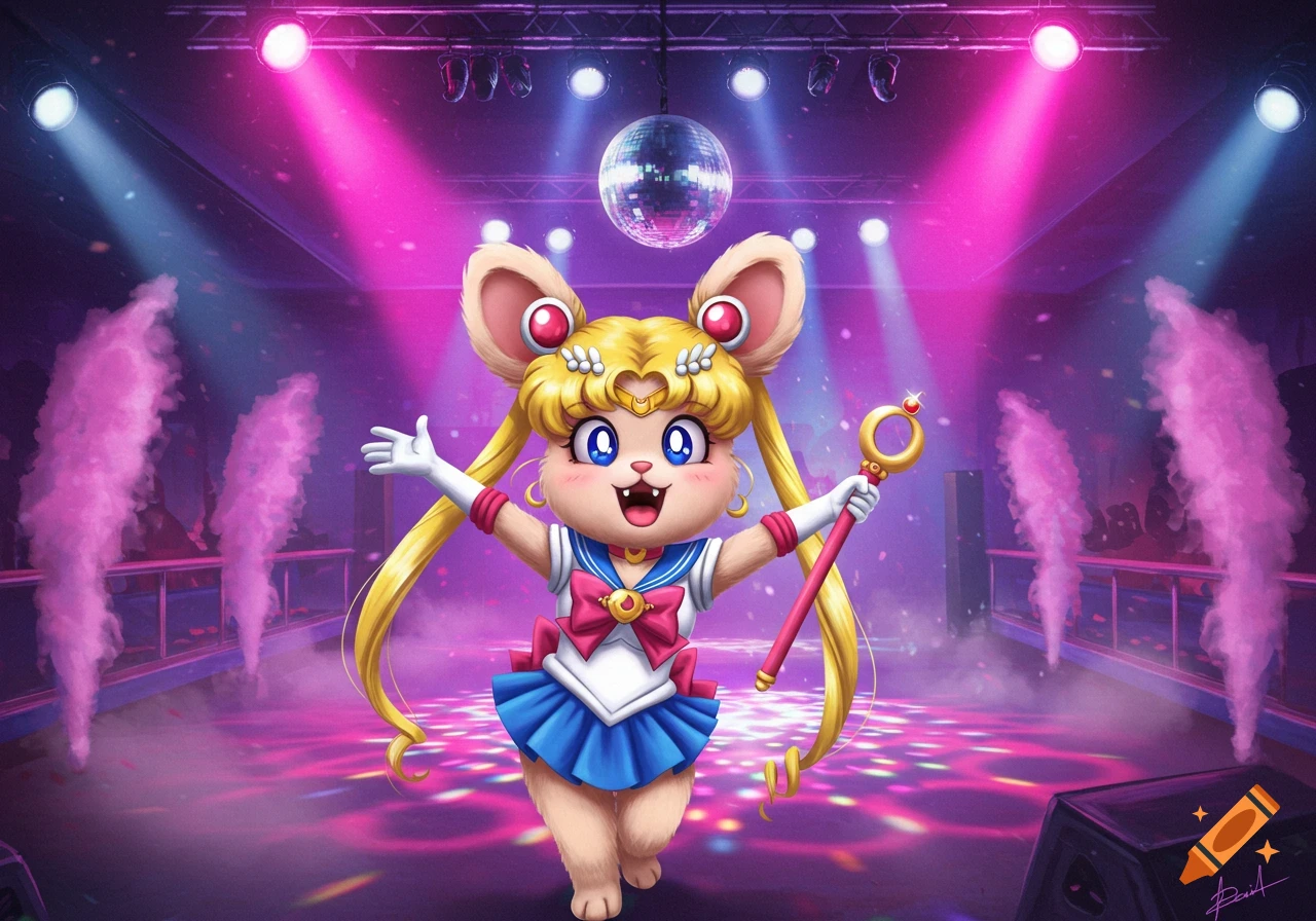 A cute, furry rabbit character dressed as Sailor Moon stands on a disco stage with pink and purple lighting.