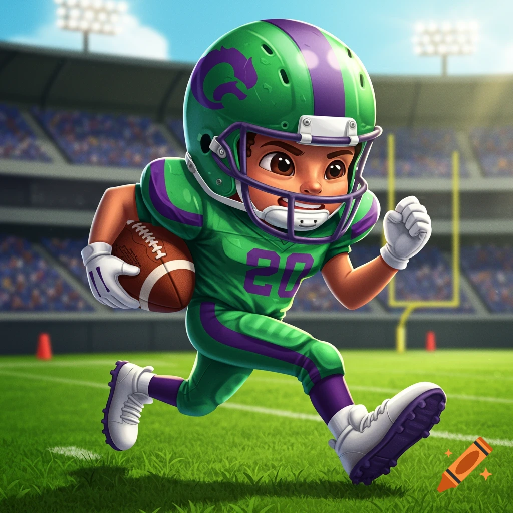 Cartoon youth football player in a green and purple uniform running with a football on a stadium field.