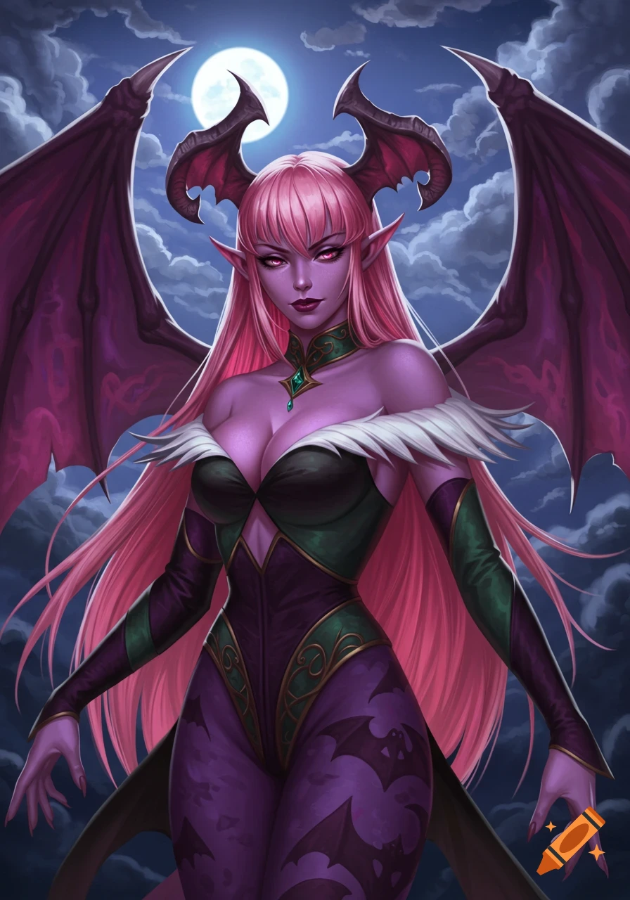 A powerful purple-skinned demoness with long pink hair, bat wings, and horns stands under a full moon, depicted in a semi-realistic fantasy style.