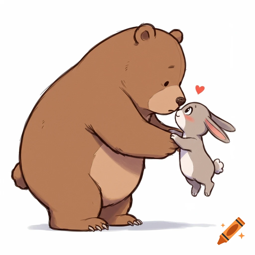 A charming cartoon sketch depicts a large brown bear gently holding and kissing a small gray bunny, with a red heart above them.