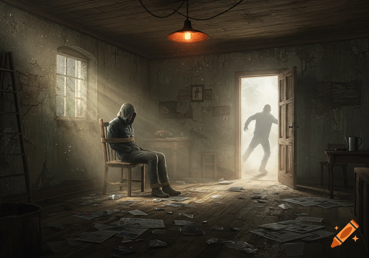 A man tied to a chair in a dark, musty room as a rescuer bursts through a brightly lit doorway, photorealistic style.
