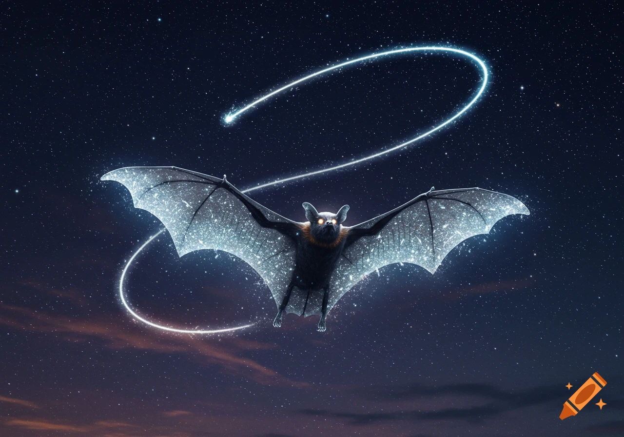 A bat with glowing wings and eyes flies across a starry night sky, leaving a bright, arcing light trail.