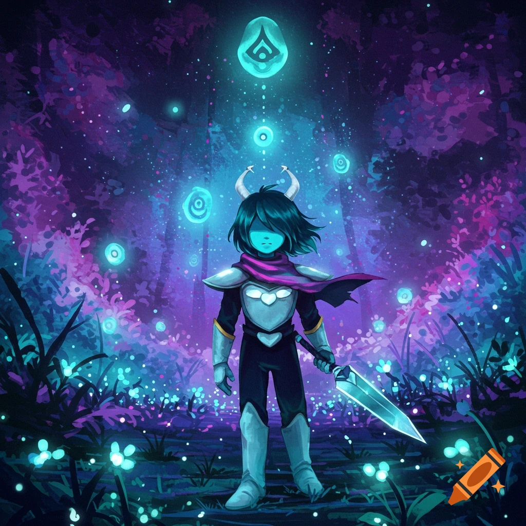 Kris Dreemurr stands in a vibrant, glowing purple and blue fantasy forest, holding a sword.
