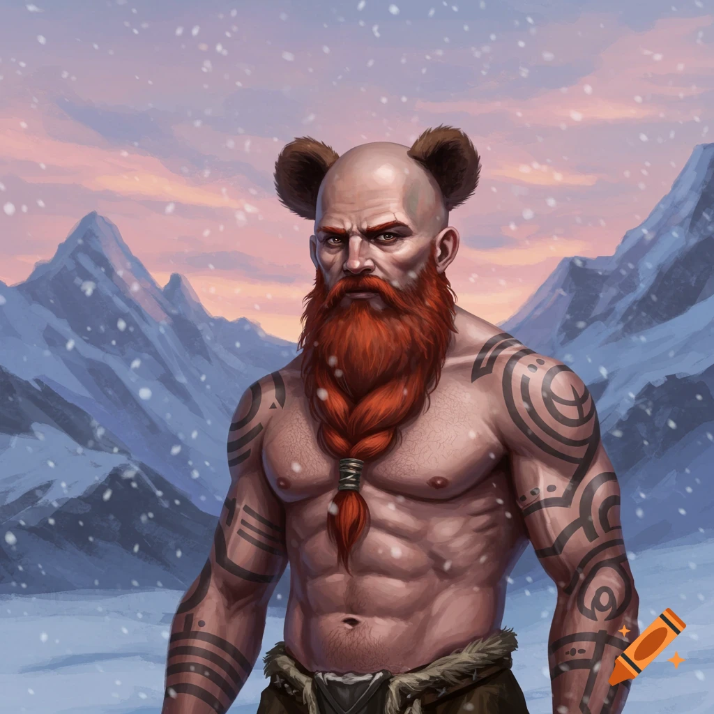 A fantasy character portrait of a muscular bald man with a braided red beard, tribal tattoos, and bear ears, in a snowy mountain landscape.