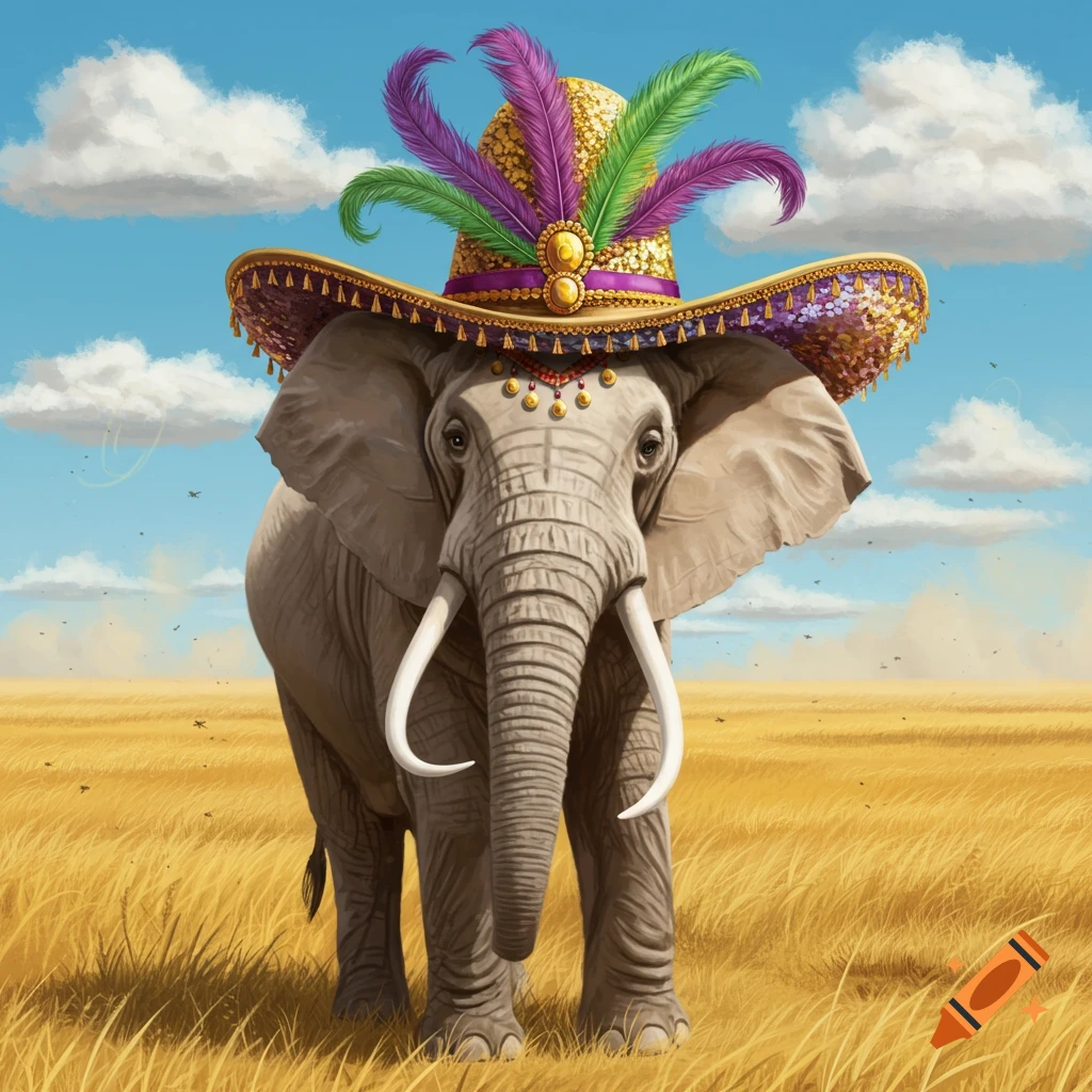 An elephant wearing a golden, purple, and green feathered hat stands in a golden grassy field under a blue, cloudy sky.