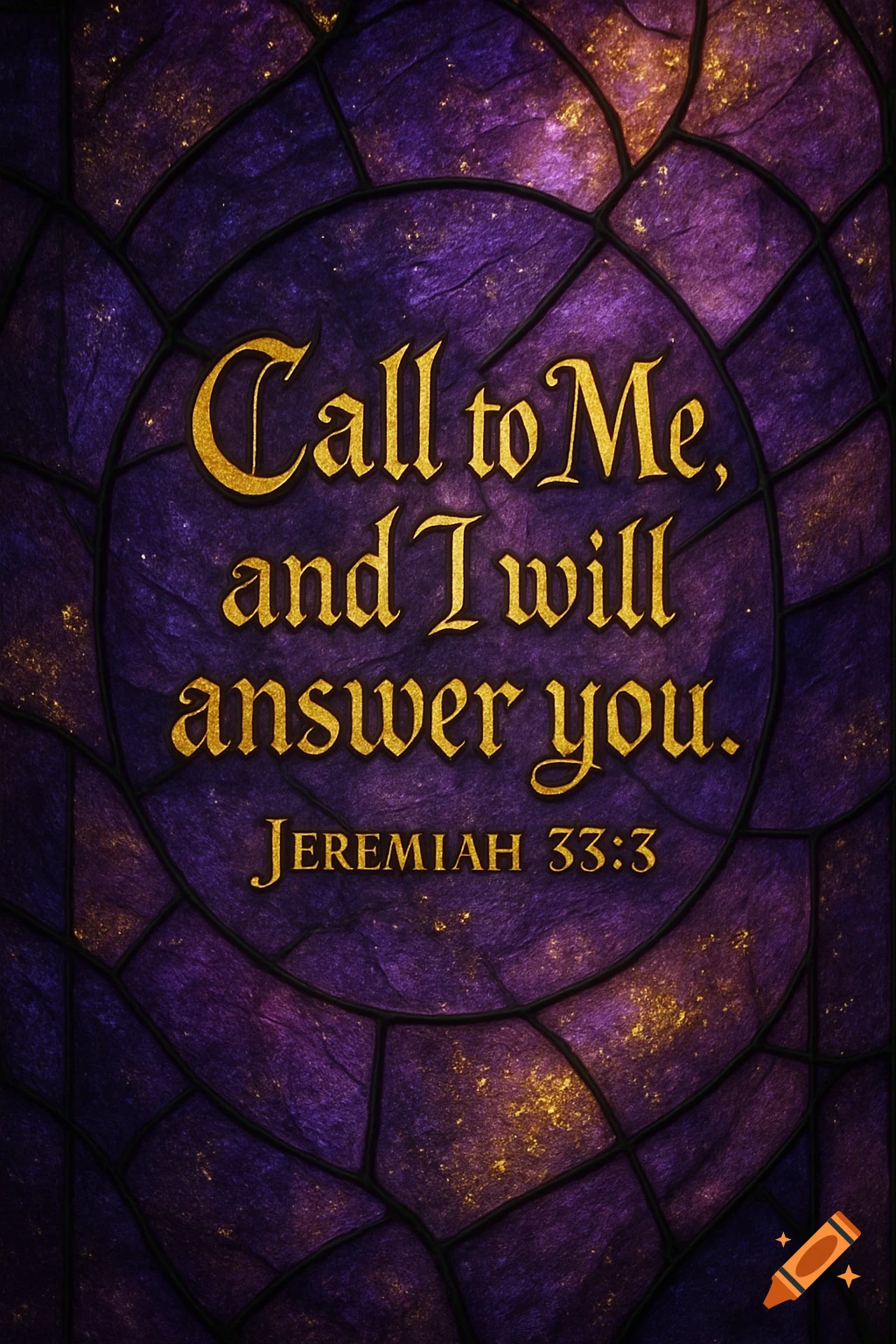 Golden text 'Call to Me, and I will answer you. Jeremiah 33:3' on a purple stained glass background with gold flecks.