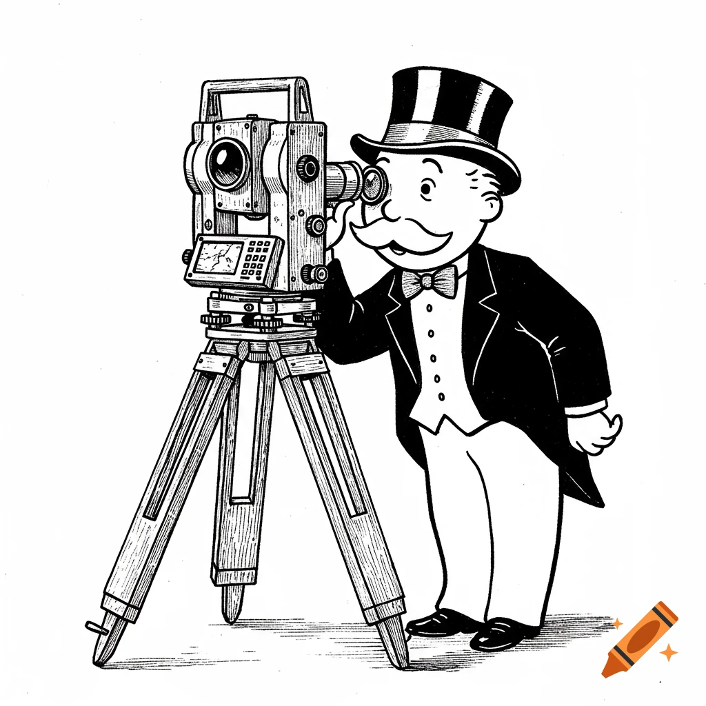 Black and white illustration of the Monopoly man looking through a land surveyor's total station on a tripod.