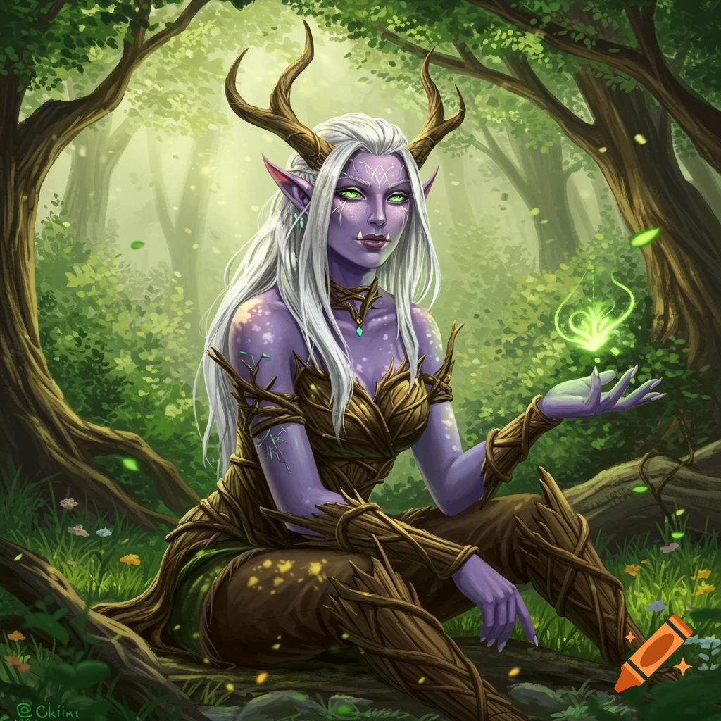 A female half-orc druid with white hair, purple skin, antlers, and green eyes, sits in a vibrant green forest holding a glowing green light.