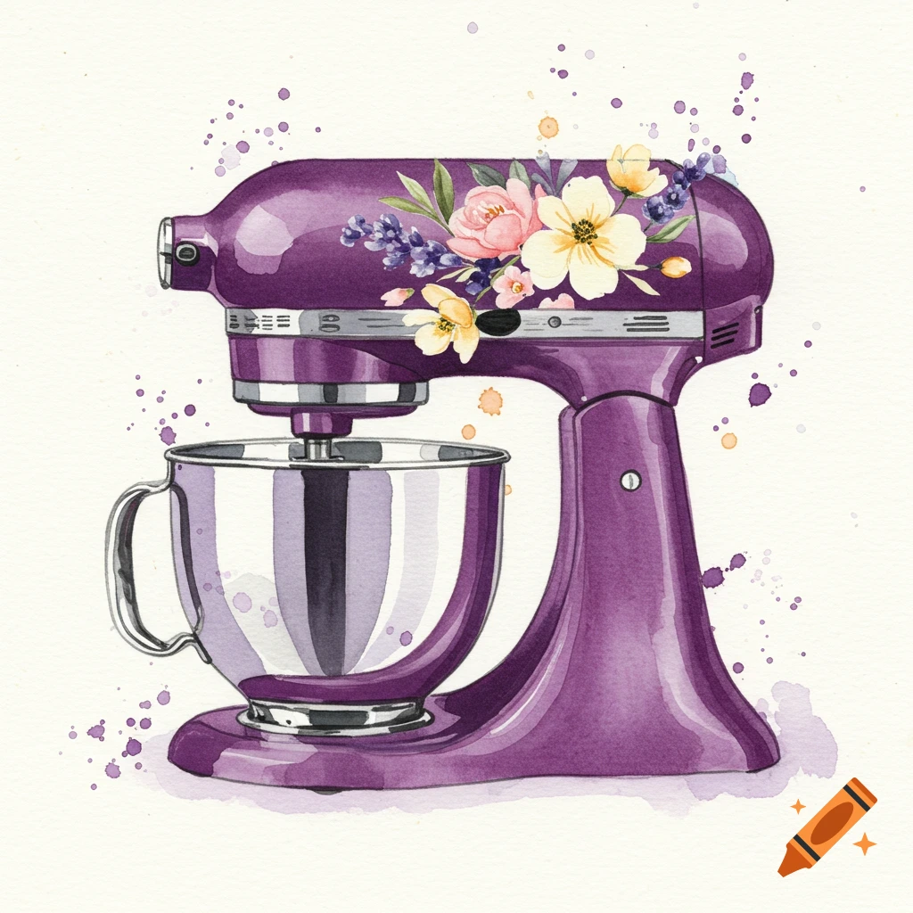 A vibrant purple stand mixer is decorated with soft watercolor flowers in shades of pink, yellow, and lavender, with colorful splatters.