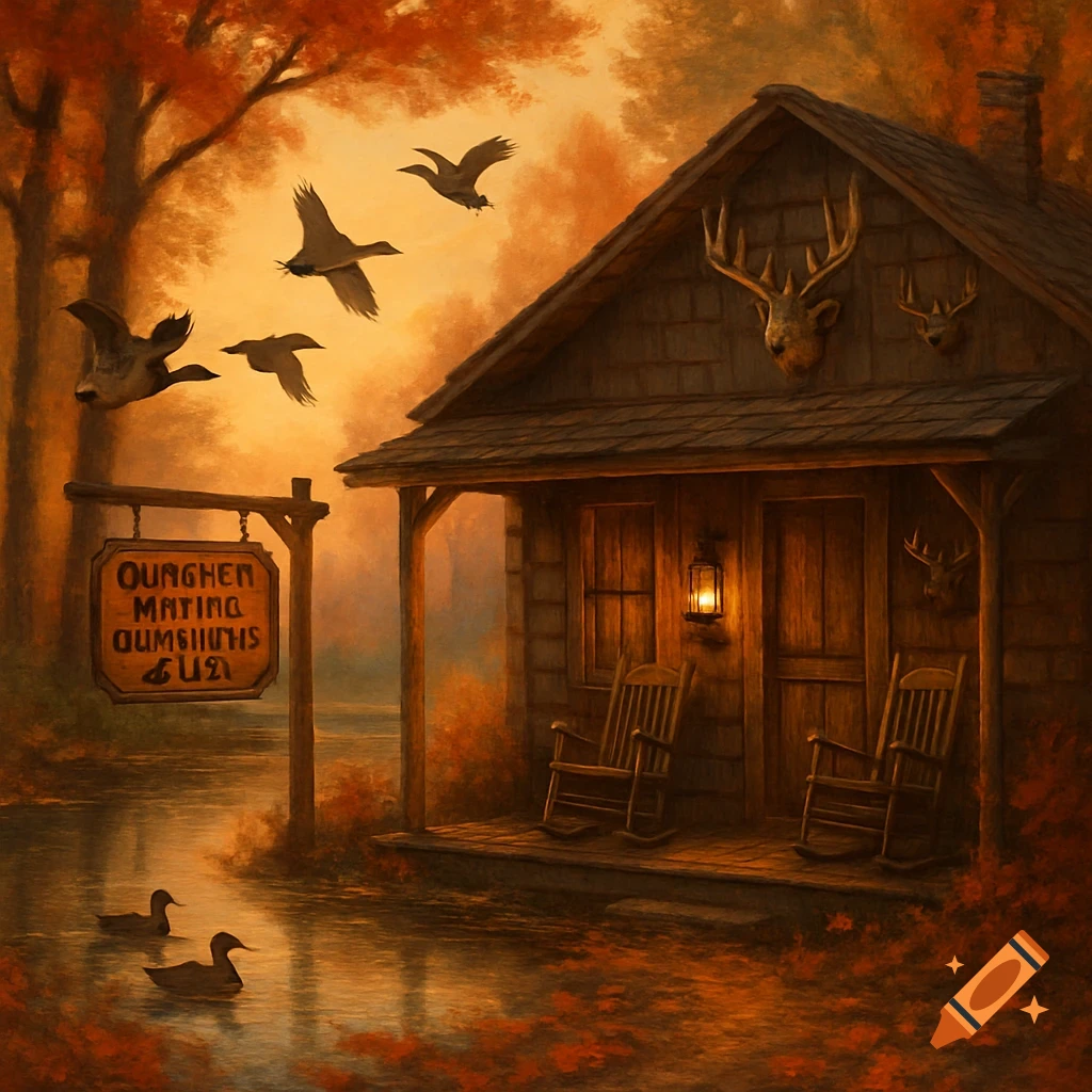 A painted scene of a rustic cabin by a pond with flying geese and swimming ducks, surrounded by vibrant autumn foliage.