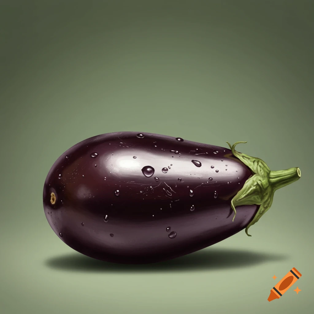 A photorealistic eggplant covered in water droplets resting on a muted green surface.