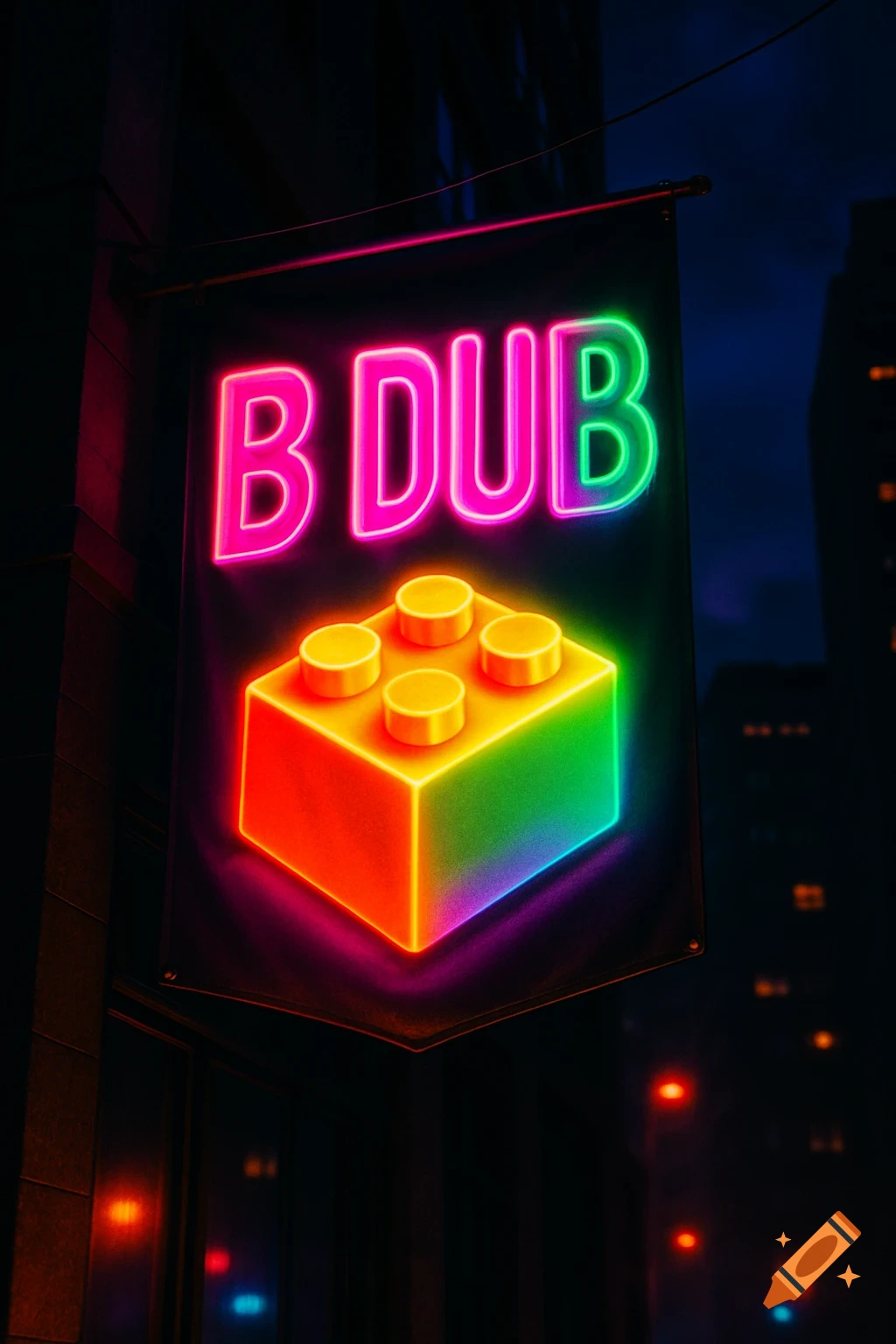 Bright neon sign hanging on a building in a dark city street, displaying 'B DUB' in pink and green above a rainbow-colored Lego brick.