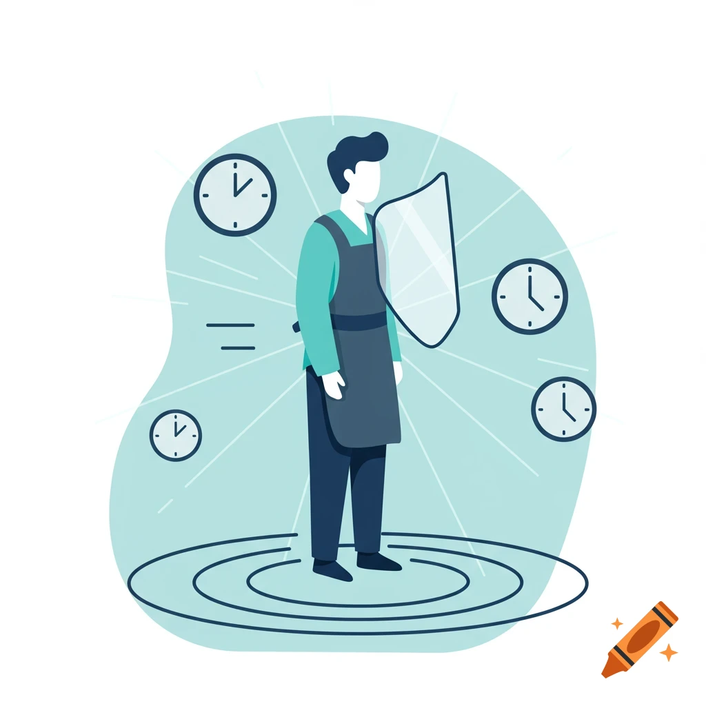 Minimalist illustration of a person holding a shield, surrounded by clocks and concentric circles, representing time and protection.