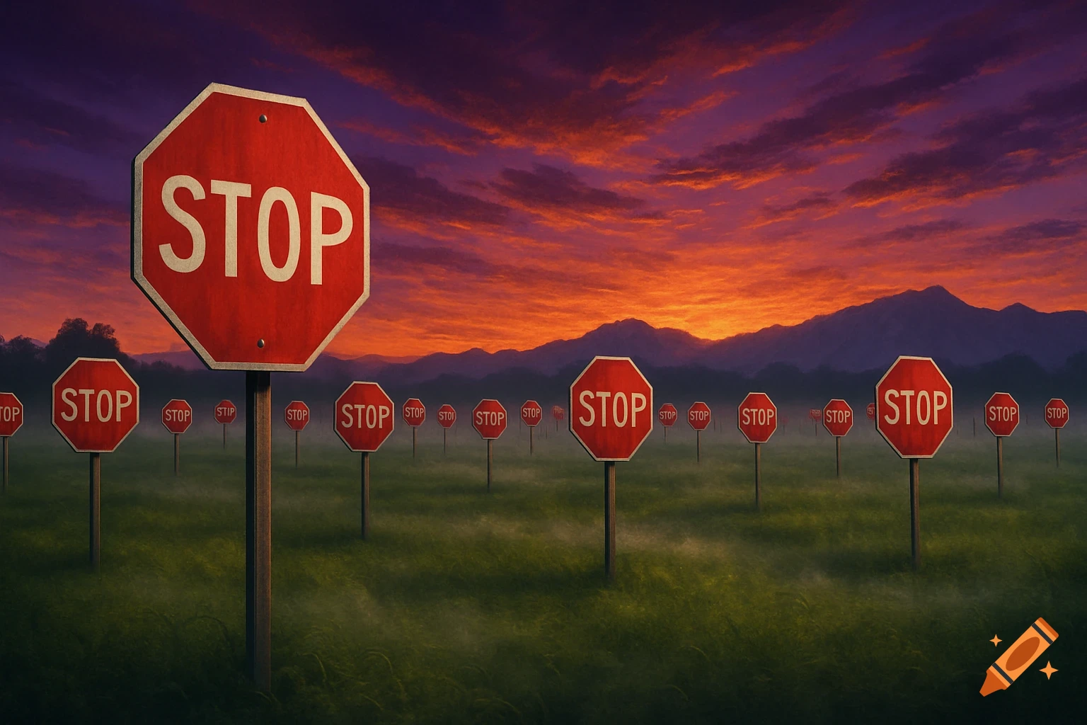 A field of numerous red stop signs stretches into the distance under a dramatic purple and orange sunset sky with mountains.