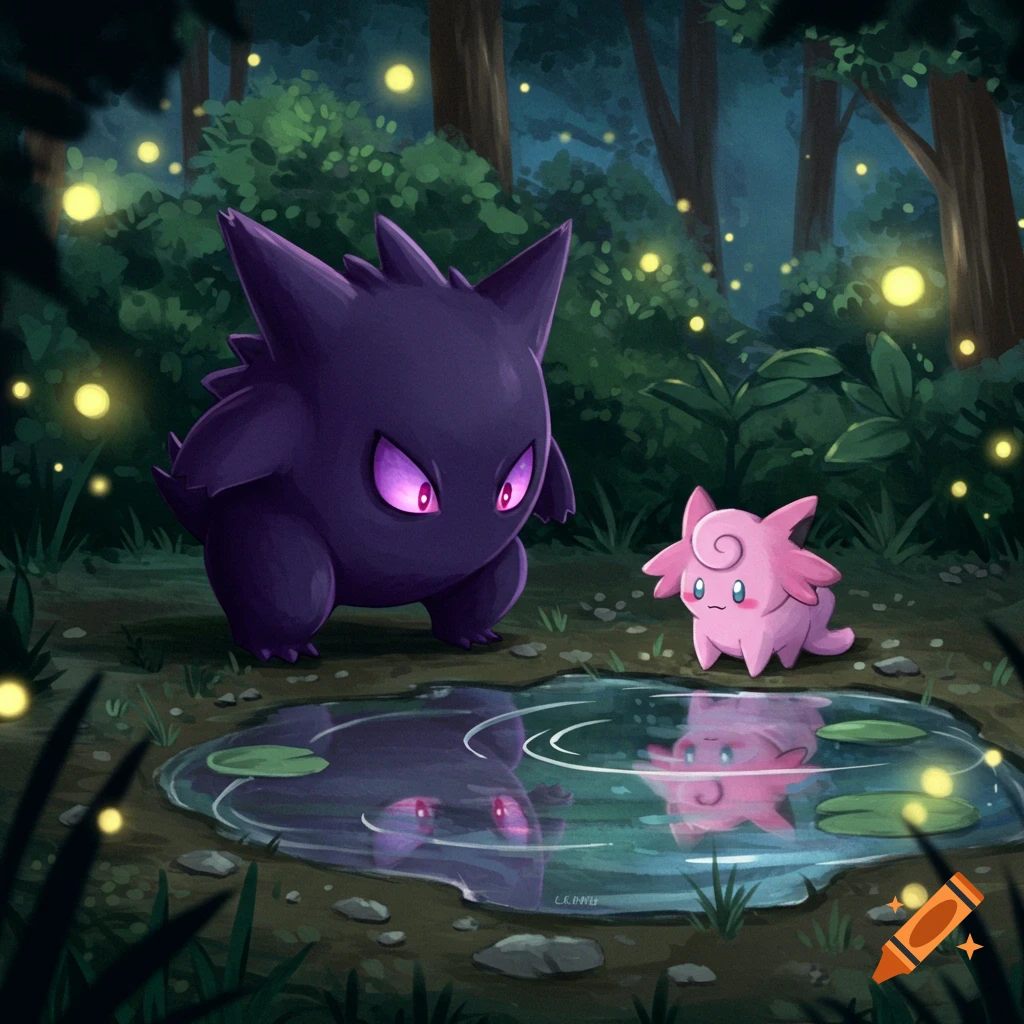 A purple creature resembling Gengar and a pink creature resembling Clefable look at their reflections in a puddle in a dark, firefly-lit forest.