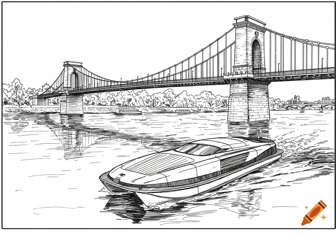Black and white line art of a modern boat on a river with a suspension bridge in the background.