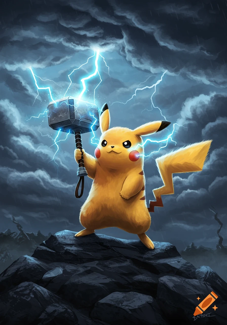 Pikachu holds Thor's hammer, Mjolnir, with lightning striking it, standing on a rocky outcrop under a stormy sky.