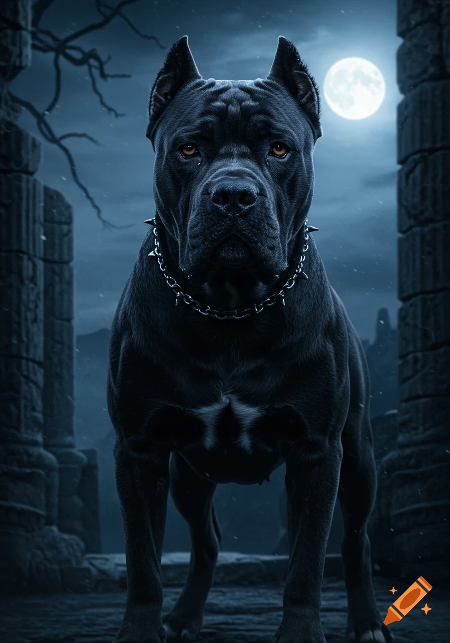 A menacing black Cane Corso stands under a full moon amidst ancient ruins at night.
