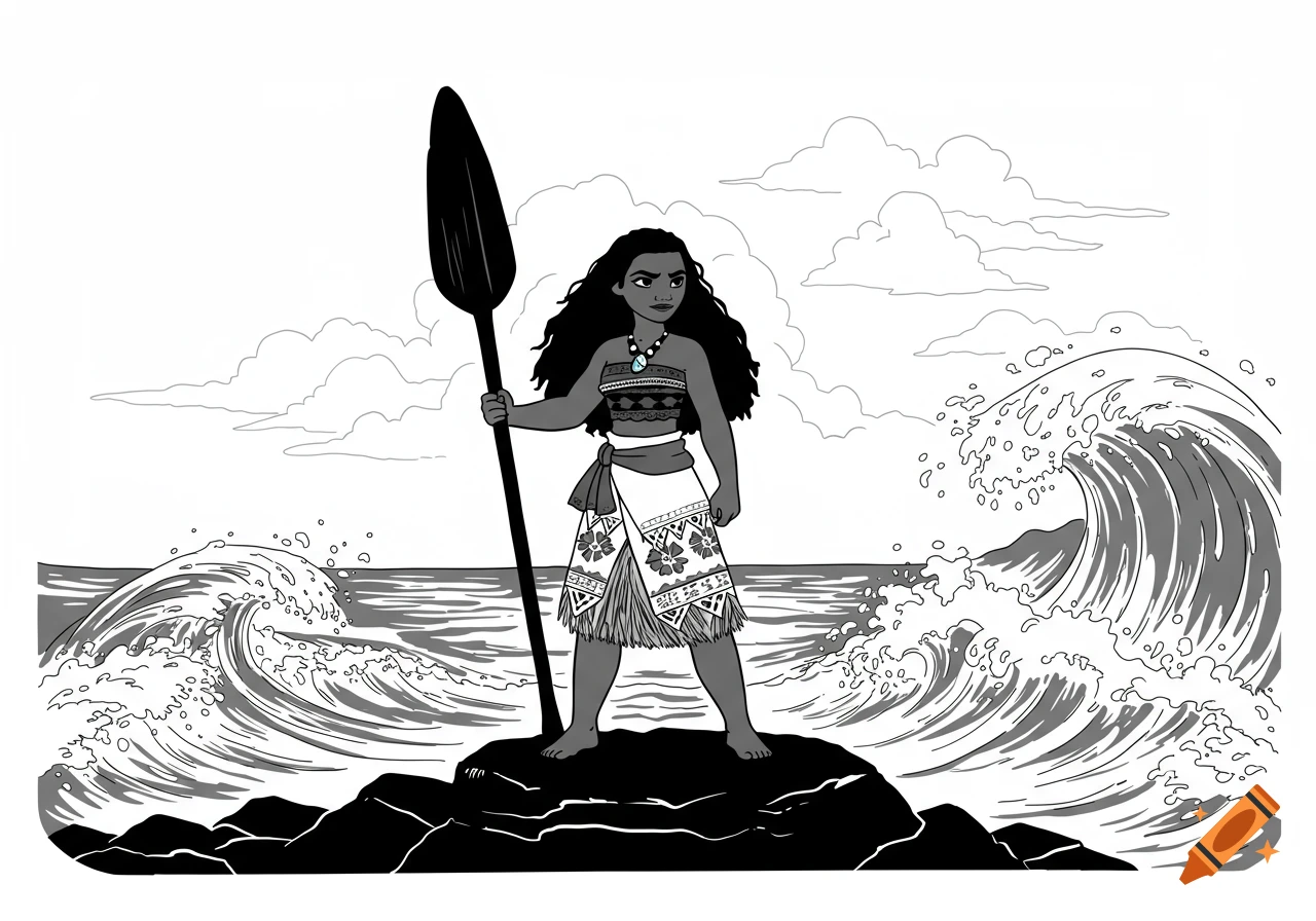 Moana stands on a rock in the ocean, holding a paddle, in black and white vector art.