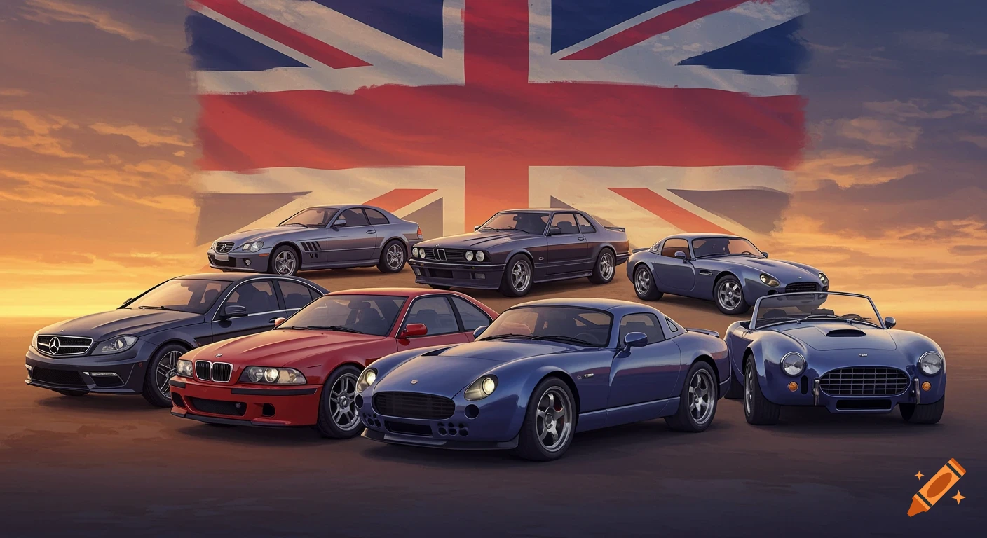 A lineup of various classic and modern cars, including sedans, coupes, and convertibles, are parked on a dark surface under a vibrant sunset sky. A large, slightly distressed Union Jack flag is painted across the upper sky behind them.