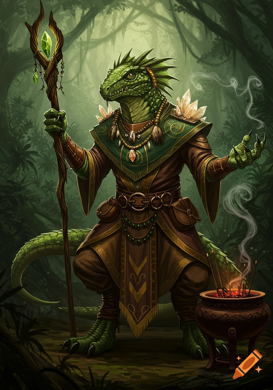 A green reptilian wizard in robes stands in a misty jungle, holding a crystal staff and gesturing, with an incense burner beside him.