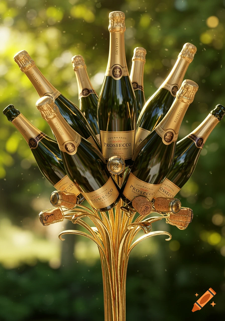 A photorealistic bouquet of dark green Prosecco bottles with gold tops arranged in a gold stand, against a blurred green outdoor background.
