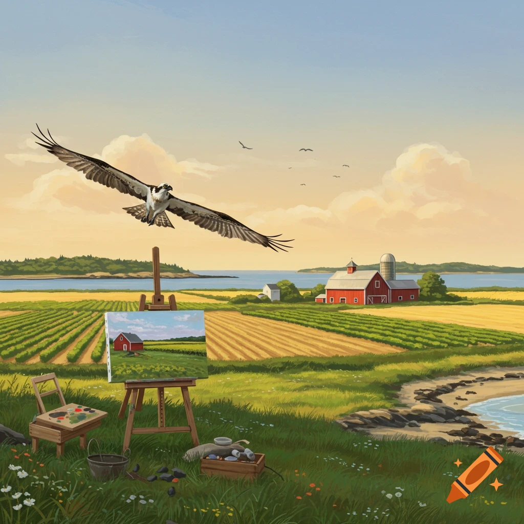 An osprey flies over a coastal farm with golden fields, a red barn, and an artist's easel in the foreground.