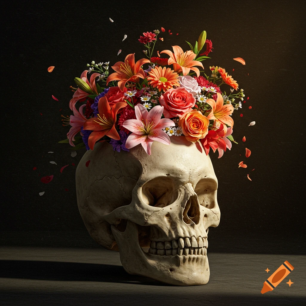 A photorealistic human skull with a vibrant bouquet of colorful flowers on top, against a dark background.