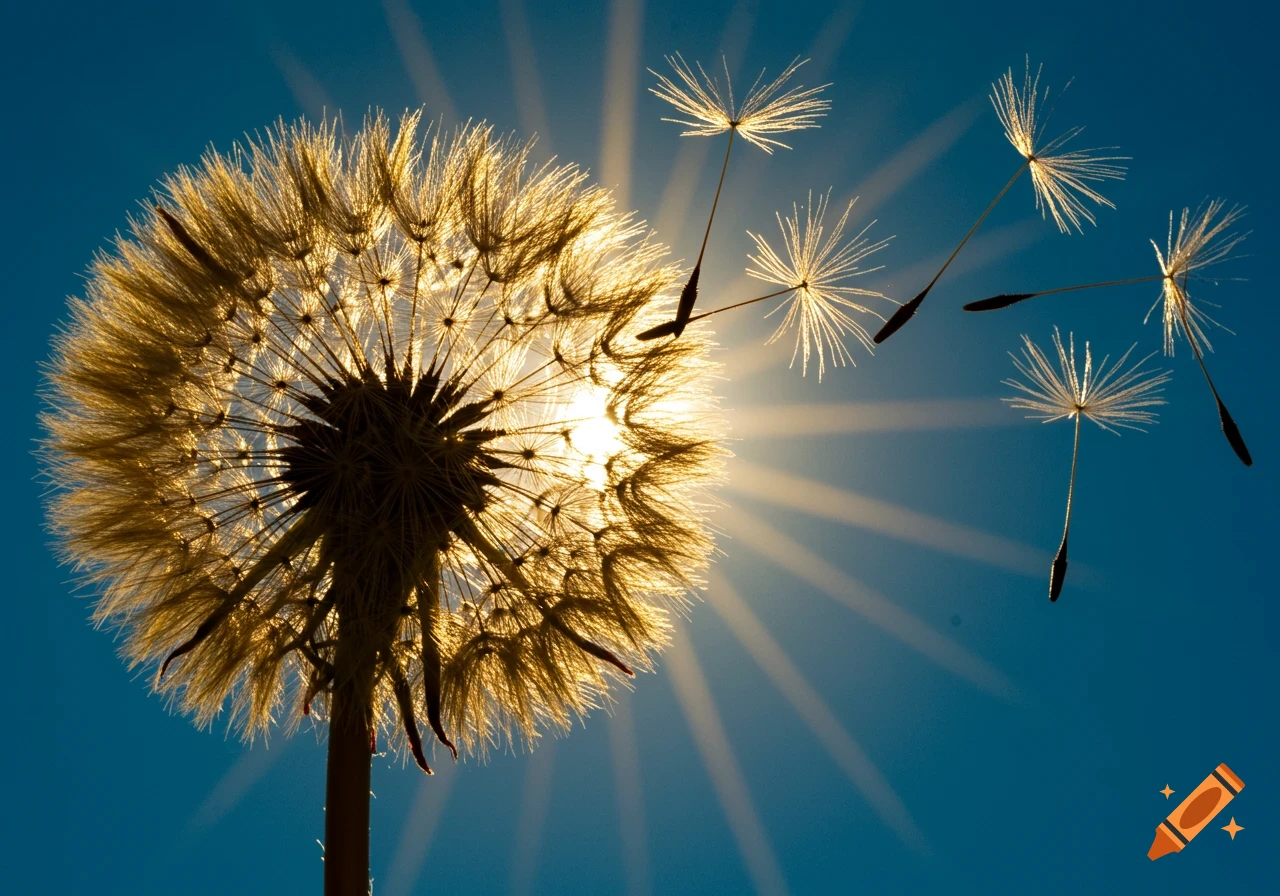 A large dandelion seed head is silhouetted against a bright sunburst in a clear blue sky, with several seeds floating away.