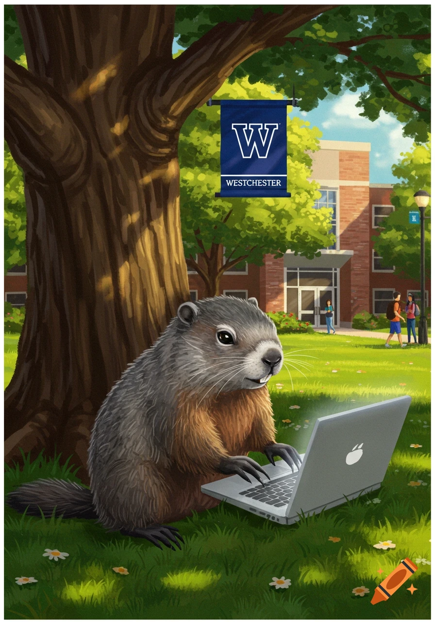A groundhog sits on grass, typing on a laptop, beneath a tree with a "Westchester" banner, on a university campus.