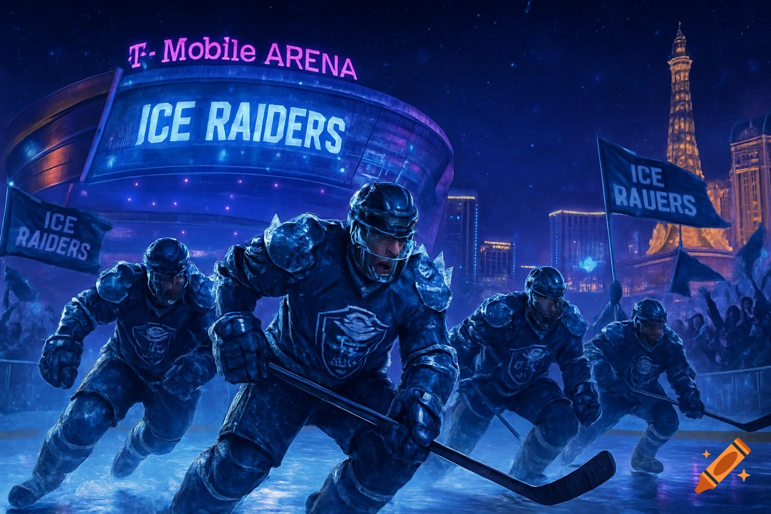 Stylized image of ice hockey players in icy uniforms skating, with a neon arena and Las Vegas skyline at night.